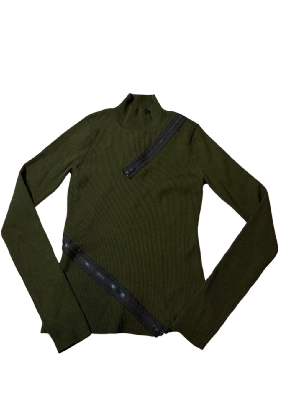 Monse Rib Slash Zip Turtleneck Top Green Asymmetrical Zipper Merino Wool NWT M